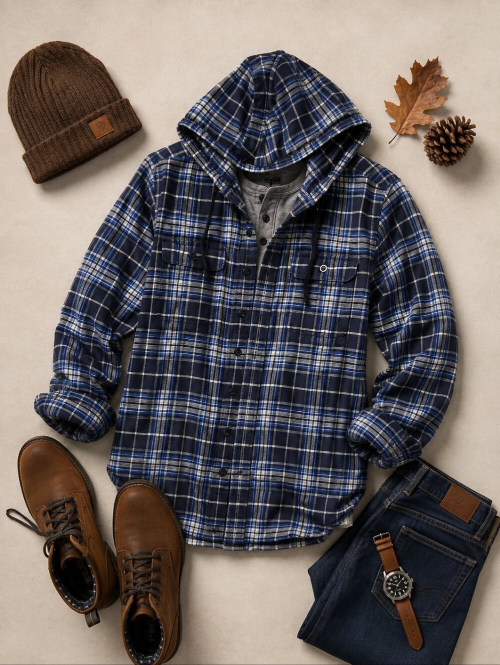 LL BEAN Sherpa Lined Blue Plaid Flannel Heavy Button Hood Shacket. Mens Med-tall